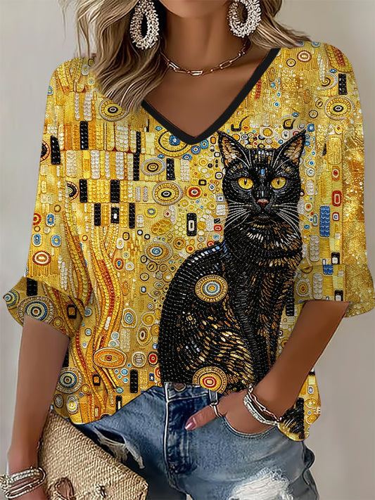 Damen Glitzer Schwarz Katzenkunst Waffel-T-Shirt
