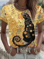 Damen Glitzer Schwarz Katzenkunst Kurzarm-T-Shirt