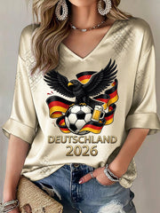 Damen-T-Shirt mit deutschem Fußballmotiv, bedruckt, mittellange Ärmel, V-Ausschnitt