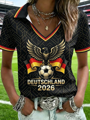 Damen-Deutschland-Fußball-Liebhaber-Print-V-Ausschnitt-Shirt