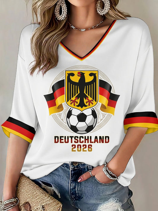 Damen-T-Shirt mit deutschem Fußballmotiv, bedruckt, mittellange Ärmel, V-Ausschnitt