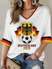 Damen-T-Shirt mit deutschem Fußballmotiv, bedruckt, mittellange Ärmel, V-Ausschnitt
