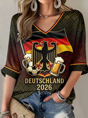 Damen-T-Shirt mit deutschem Fußballmotiv, bedruckt, mittellange Ärmel, V-Ausschnitt