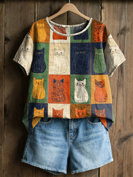Damen-Retro-T-Shirt mit Katzen-Print, lässig