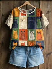 Damen-Retro-T-Shirt mit Katzen-Print, lässig