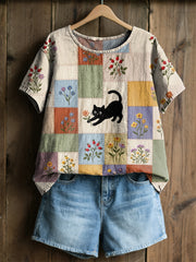 Damen-Retro-Floral-Katzen-Print-Casual-T-Shirt