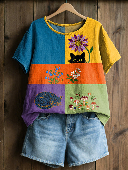 Damen-Retro-Floral-Katzen-Print-Casual-T-Shirt