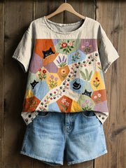 Damen-Retro-Floral-Katzen-Print-Casual-T-Shirt