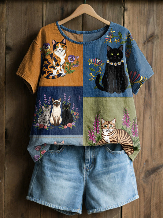 Damen-Retro-Floral-Katzen-Print-Casual-T-Shirt