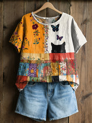 Damen-Retro-Floral-Katzen-Print-Casual-T-Shirt