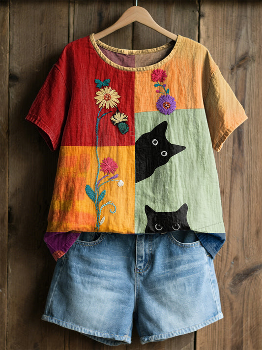 Damen-Retro-Floral-Katzen-Print-Casual-T-Shirt