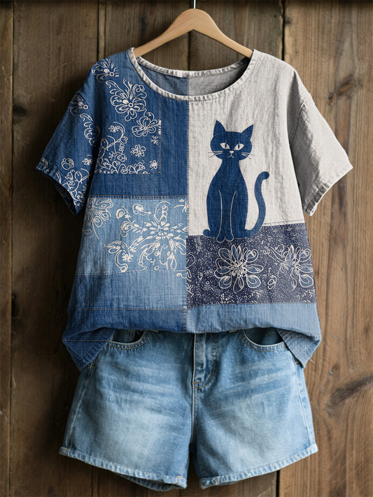 Damen-Retro-Floral-Katzen-Print-Casual-T-Shirt