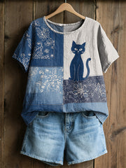 Damen-Retro-Floral-Katzen-Print-Casual-T-Shirt