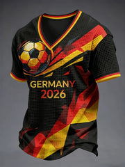 Herren Deutschland Fußballfan-Print Waffel-Struktur Freizeit-T-Shirt