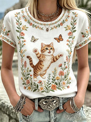 Damen-Plants-and-Flowers-Niedliches-Katzen-Print-Casual-T-Shirt