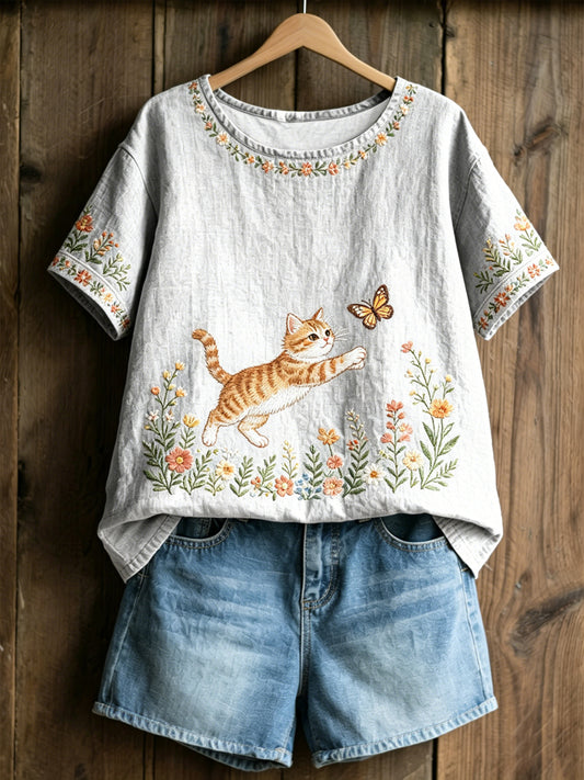 Damen-Plants-and-Flowers-Niedliches-Katzen-Print-Casual-T-Shirt