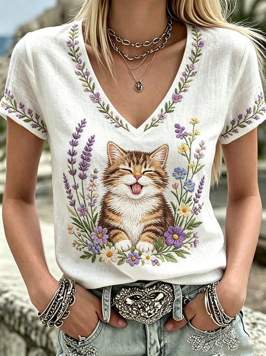Damen-Plants-and-Flowers-niedliches-Katzen-Print-V-Ausschnitt-Casual-T-Shirt