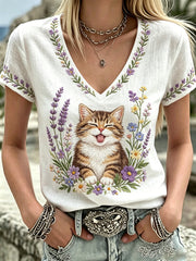 Damen-Plants-and-Flowers-niedliches-Katzen-Print-V-Ausschnitt-Casual-T-Shirt