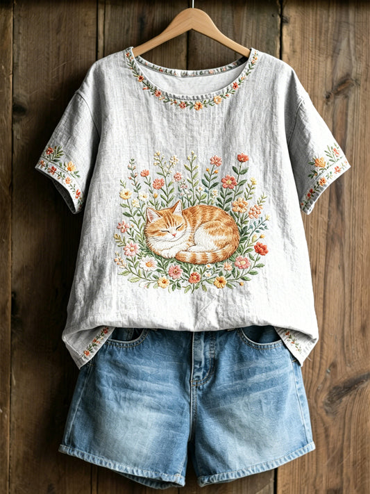 Damen-Plants-and-Flowers-Niedliches-Katzen-Print-Casual-T-Shirt