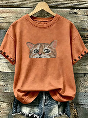 Damen süßes Katzenmotiv lässiges Kurzarm-T-Shirt