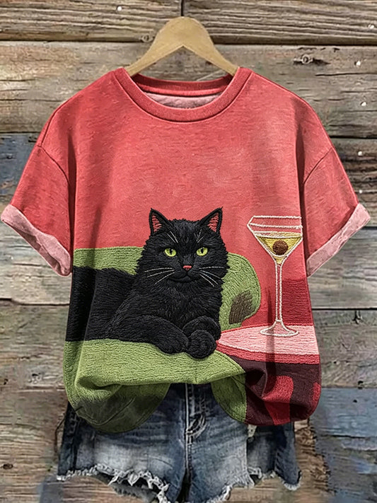 Frauen-lustiges Katzenkunst-lässiges Kurzarm-T-Shirt