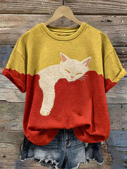 Damen süßes Katzenmotiv lässiges Kurzarm-T-Shirt