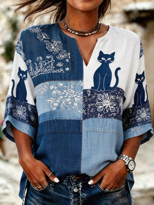 Damen-Floral-Katzen-Print-Lässiges V-Ausschnitt-Shirt