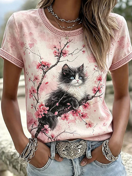 Damen-Casual-T-Shirt mit Katzen- und Tierstickerei sowie Print