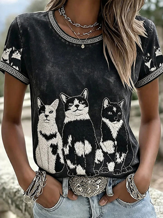 Damen-Casual-T-Shirt mit Katzen- und Tierstickerei sowie Print