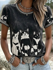 Damen-Casual-T-Shirt mit Katzen- und Tierstickerei sowie Print