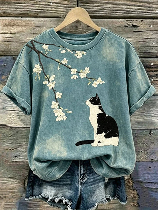 Damen-Casual-T-Shirt mit Katzen- und Tierstickerei sowie Print