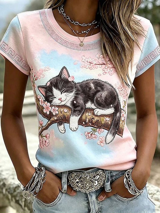 Damen-Casual-T-Shirt mit Katzen- und Tierstickerei sowie Print