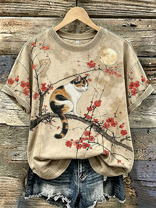 Damen-Casual-T-Shirt mit Katzen- und Tierstickerei sowie Print