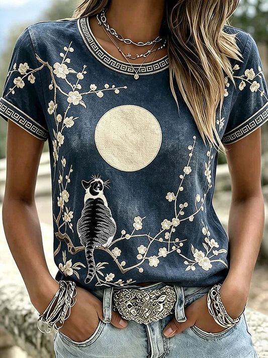 Damen-Casual-T-Shirt mit Katzen- und Tierstickerei sowie Print