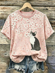 Damen-Casual-T-Shirt mit Katzen- und Tierstickerei sowie Print