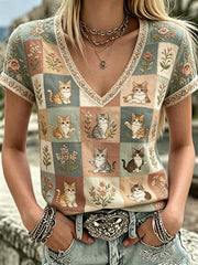 Damen-Plants-and-Flowers-niedliches-Katzen-Print-V-Ausschnitt-Casual-T-Shirt