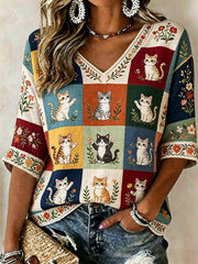 Damen-Plants-and-Flowers-Niedlicher-Katzen-Print-Lässiges-T-Shirt