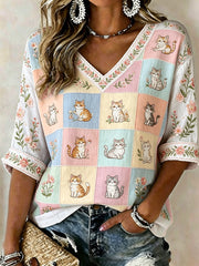 Damen-Plants-and-Flowers-Niedlicher-Katzen-Print-Lässiges-T-Shirt