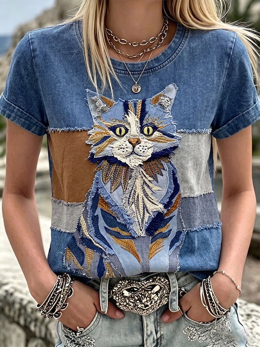Damen Vintage Flauschiger Katzen-Patchwork-Kunst Baumwoll-Leinen Rundhalsausschnitt Kurzarm-Top