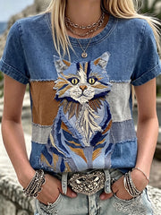 Damen Vintage Flauschiger Katzen-Patchwork-Kunst Baumwoll-Leinen Rundhalsausschnitt Kurzarm-Top