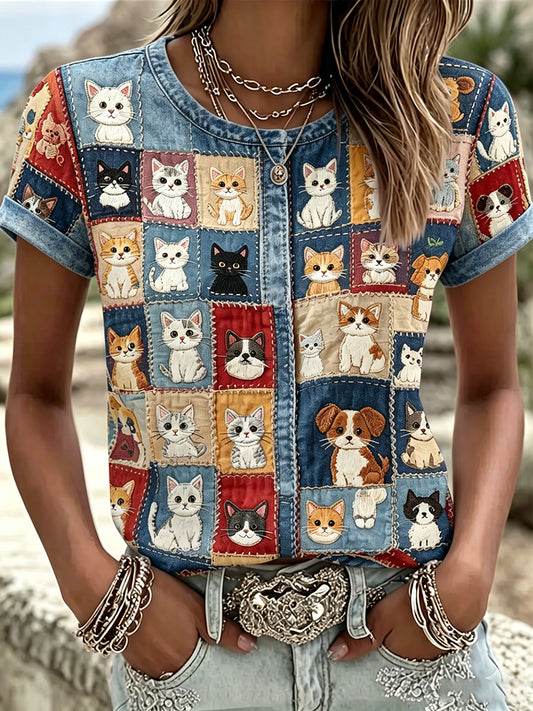 Damen Vintage Katzen- und Hundemotiv Farbblock Baumwolle-Leinen Rundhalsausschnitt Kurzarm T-Shirt