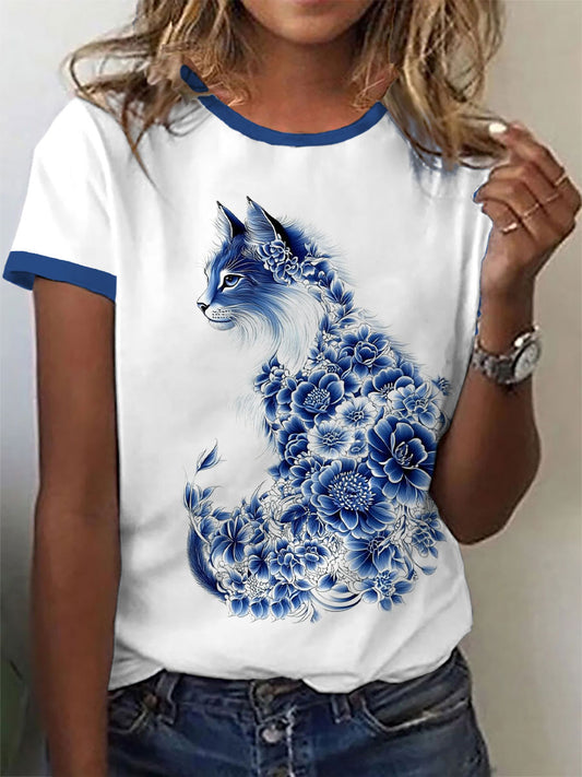 Damen-Floral-Katzen-Print-Casual-T-Shirt