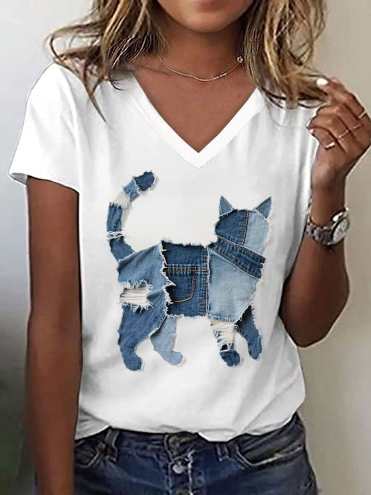 Frauen niedliches Katzen muster Patchwork Kunst V-Ausschnitt T-Shirt
