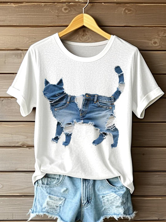 Frauen lustige Katze Patchwork Kunst Kurzarm T-Shirt