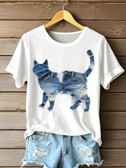 Frauen lustige Katze Patchwork Kunst Kurzarm T-Shirt