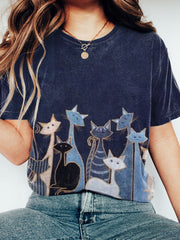 Damen süßes Katzen-Patchwork-Kunst-gewaschenes T-Shirt
