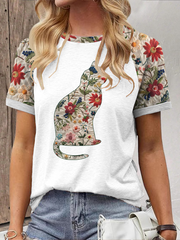 Damen-Floral-Katzen-Print-Casual-T-Shirt