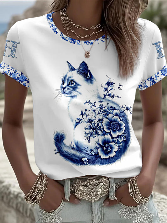 Damen-Tier katze Retro Unisex Lässiges Kurzarm-T-Shirt