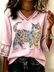 Damen-Blumen-Katzen-Print-Casual-Top