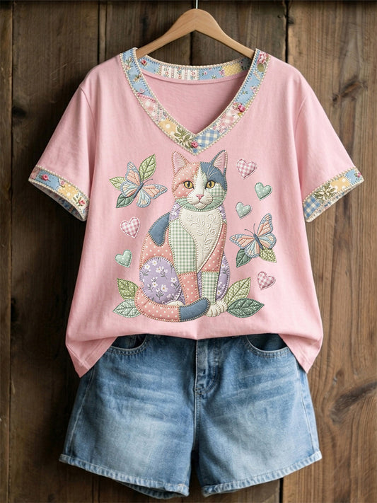 Damen-Floral-Katzen-Print-Casual-V-Ausschnitt-T-Shirt